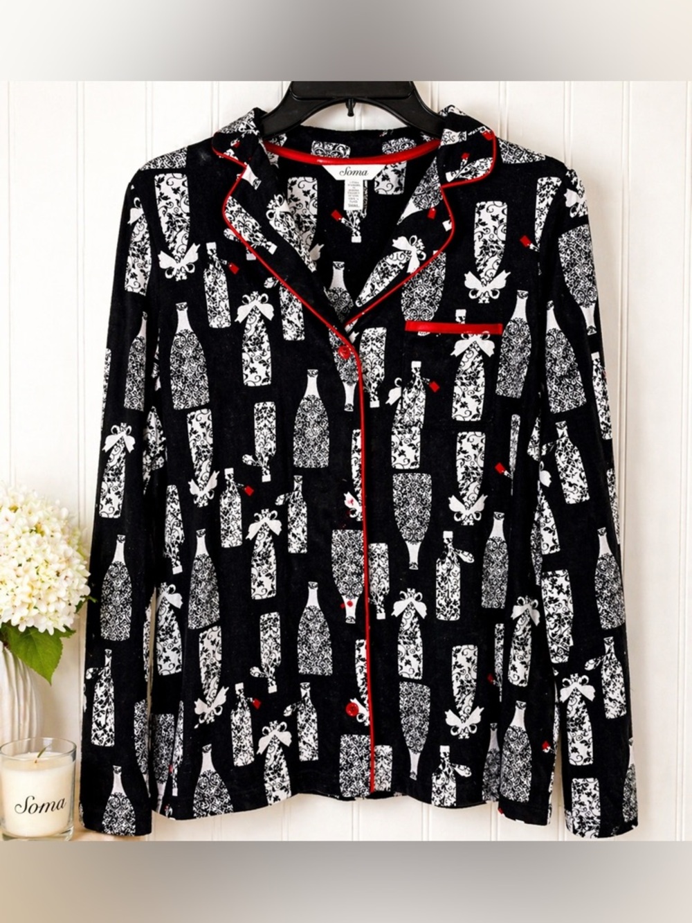 Soma Pajama Top Small Black White Bottle Print Red Trim Button Front